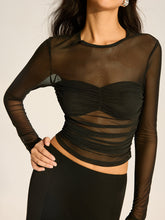 Semi-Sheer Mesh Ruched Long-Sleeve T-Shirt