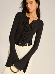 Flared Sleeve Ruffled Button T-Shirt