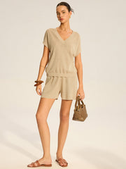 Semi-Sheer V-Neck Top and Drawstring Shorts Set