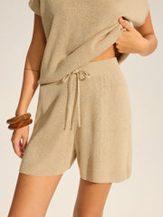 Semi-Sheer V-Neck Top and Drawstring Shorts Set