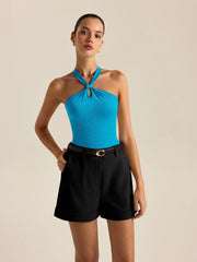 Ribbed Halter Neck Knot Top