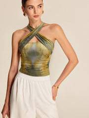 Tie-Dye Mesh Cross Halter Top
