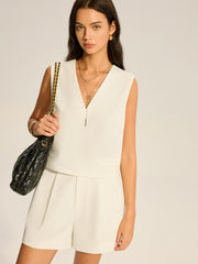 V-Neck Pocketed Top and Pleated Shorts Set