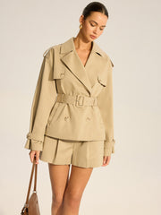 Cotton Blend Belted Double-Breasted Trench Coat