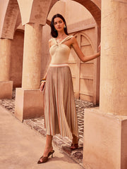 Color-Block Striped Pleated Midi Skirt