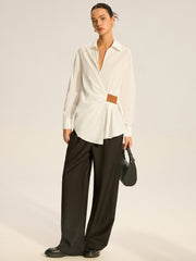 Cotton Ruched Shirt with Faux Leather Detail