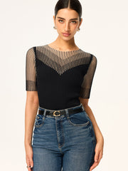 Sheer Striped Panel Ribbed Knit Top
