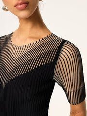 Sheer Striped Panel Ribbed Knit Top