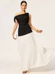 Asymmetric Pleated Maxi Dress with Bow Detail