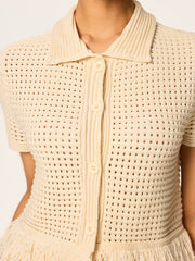 Fringed Mesh-Knit Polo Short Sleeve Top