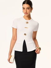 Short-Sleeved Top with Metal Embellishments and Front Slit