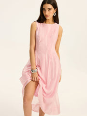 Semi-Sheer Tencel Pleated Sleeveless Midi Dress