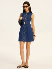 Linen & Cotton Cut-Out Contrast-Stitch Mini Dress