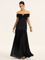 Semi-Sheer Off-Shoulder Ruched Mesh-Paneled Maxi Dress