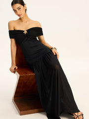 Semi-Sheer Off-Shoulder Ruched Mesh-Paneled Maxi Dress