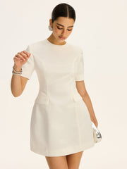 Short-Sleeved Waist-Cinching Mini Dress with Decor Pockets