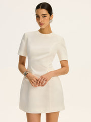 Short-Sleeved Waist-Cinching Mini Dress with Decor Pockets