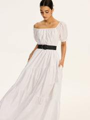 Cotton Off-Shoulder Short-Sleeve Maxi Dress