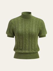 Cable-Knit Mock Neck Short-Sleeve Sweater Top