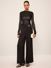 Sheer Mesh Ruched Long-Sleeve Top