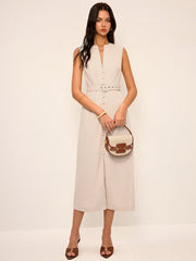 Cotton & Linen Blend V-Neck Belted Midi Dress