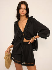 Ruffled Button Chiffon Top and Shorts Set