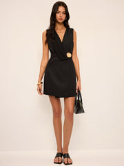 Sleeveless Wrap Mini Dress with Metal Buckle Belt