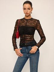 Semi-Sheer Lace Ruched Long Sleeve Top