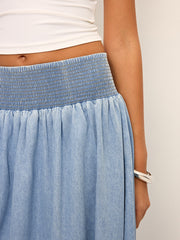 Smocked Waistband Denim Maxi Skirt