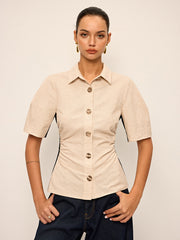 Cotton & Linen Contrast Trim Ruched Shirt