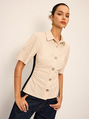 Cotton & Linen Contrast Trim Ruched Shirt