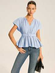 Belted V-Neck Pleated Peplum Top