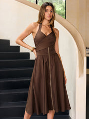 Halter Neck Midi Dress with Back Bow and Front Zipper