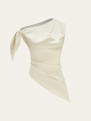One-Shoulder Asymmetric Hem Top with Bow Detail