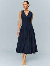 Denim V-Neck Ruched Midi Dress