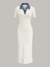 Denim-Collar Buttoned Polo Knit Midi Dress