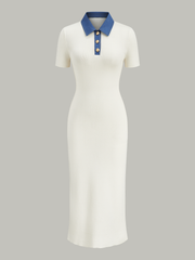 Denim-Collar Buttoned Polo Knit Midi Dress