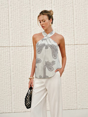 Boho Print Halter Backless Top