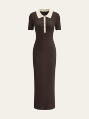 Contrast Collar Cable-Knit Midi Dress