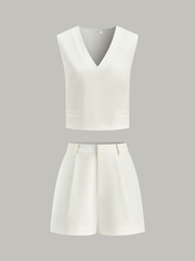 V-Neck Pocketed Top and Pleated Shorts Set