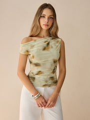One-Shoulder Ruched Print Top