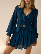 Chiffon Ruffled Long-Sleeve Top and Shorts Set