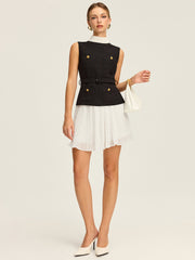 Sleeveless Belted Vest and Pleated Skirt Set