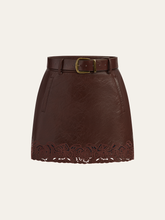 Jacquard Trim PU Leather Mini Skirt with Belt