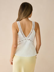 Semi-Sheer Linen & Cotton Lace V-Neck Top
