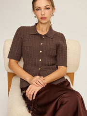 Cable Knit Short-Sleeve Button Top
