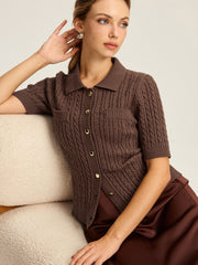 Cable Knit Short-Sleeve Button Top