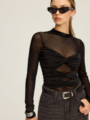 Semi-Sheer Mesh Twist Long-Sleeve T-Shirt