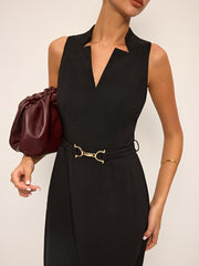 Sleeveless V-Neck Belted Midi Dress
