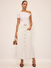 Cotton Button-Front Midi Skirt with Belt